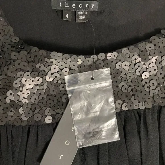 Theory Little Black Dress 100% Silk Lined SequinShort Party Dress Arleigh Sz 4 - Picture 5 of 5